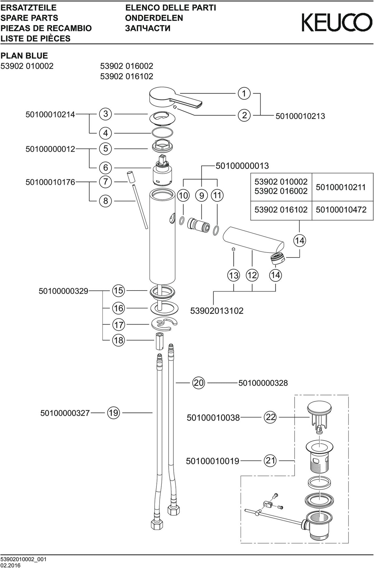KEUCO Plan blue Einhand-Waschtischmischer mit Zugstangen-Ablaufgarnitur, Aluminium-Finish