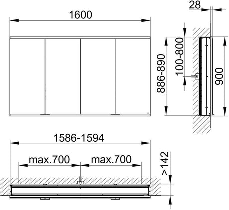 KEUCO Royal Modular 2.0 Spiegelschrank, beleuchtet, Wandeinbau, 1600 mm, silber-eloxiert
