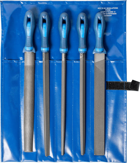 PFERD Feilensatz 250 mm Hieb 2 mit 2K-Ergo-Heft, 5-teilig für Stahl, Aluminium und Guss