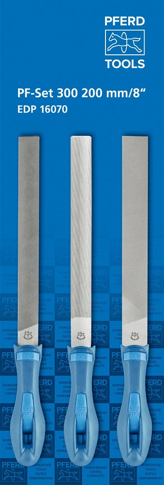 PFERD Feilensatz 200 mm Hieb 1 mit 2K-Ergo-Heft – 3-teilig für Stahl, Guss & Aluminium