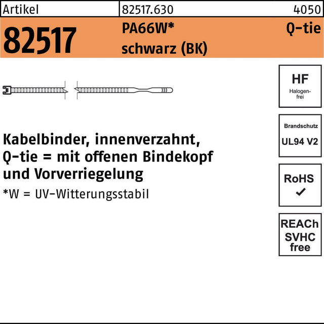 HELLERMANNTYTON Kabelbinder R 82517 Q-tie 4,7 x 210 mm PA66W schwarz
