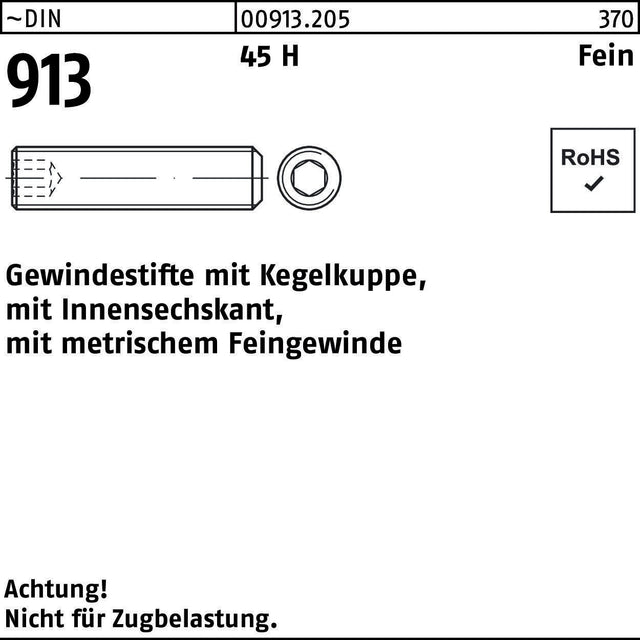 F. REYHER Gewindestift DIN 913 M4x0,5x4 mm 45 H Kegelkuppe Innensechskant 1000 Stück