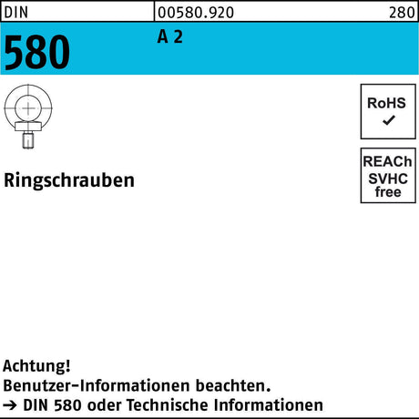 F. REYHER Ringschraube DIN 580 M 6 – A2 Edelstahl, kleiner Grundkörper
