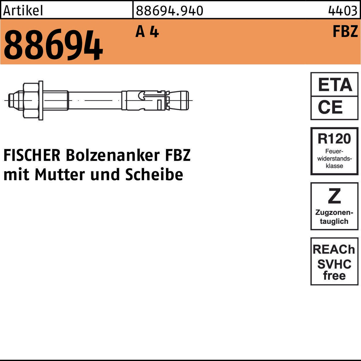 FISCHER Bolzenanker FBZ 12/10 A 4, 20 Stück – Schwerlastanker mit Mutter und Scheibe