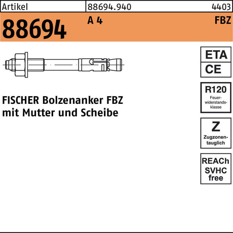 FISCHER Bolzenanker FBZ 12/10 A 4, 20 Stück – Schwerlastanker mit Mutter und Scheibe