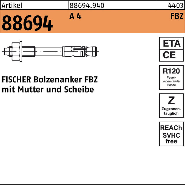 FISCHER Bolzenanker FBZ 12/10 A 4, 20 Stück – Schwerlastanker mit Mutter und Scheibe