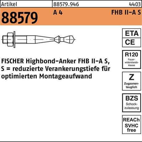 FISCHER Highbond-Anker FHB II-A S M10x60/10 A4 – 10 Stück