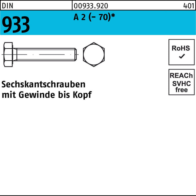 Sechskantschrauben DIN 933 A2 M3x6 mm von F. REYHER – 100 Stück