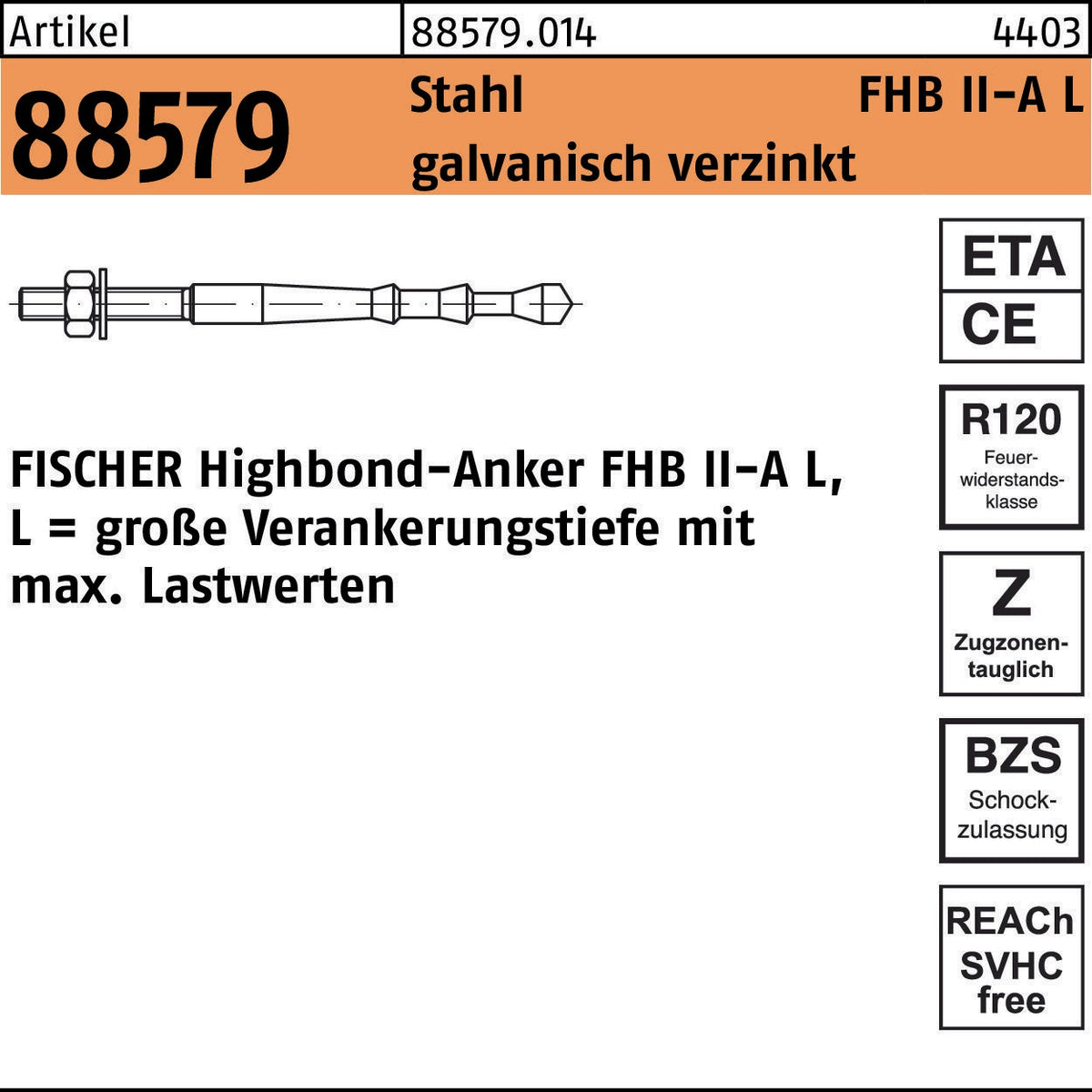 FISCHER Highbond-Anker FHB II-A L M12 x 100/10, Stahl galvanisch verzinkt