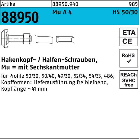 HALFEN Hammerkopfschraube R 88950 Typ 50/30 M12x30 mit Sechskantmutter