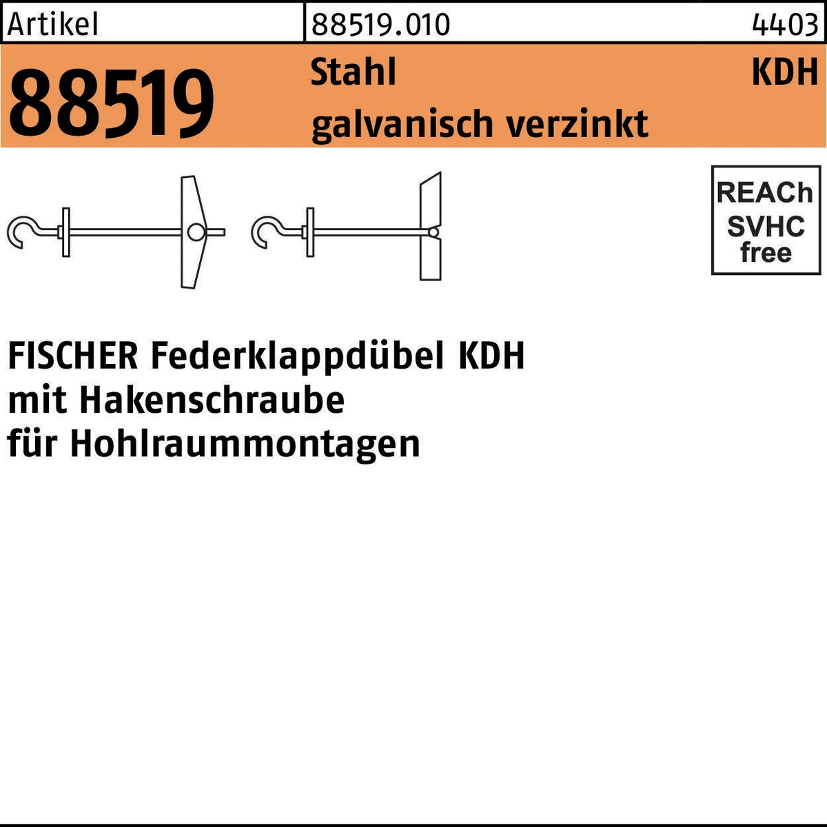 FISCHER Federklappdübel KDH 3x105 mit Hakenschraube, Stahl galvanisch verzinkt