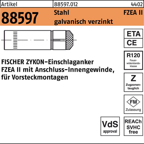 FISCHER ZYKON Einschlaganker FZEA II 10x40 M8 Stahl verzinkt 100 Stück