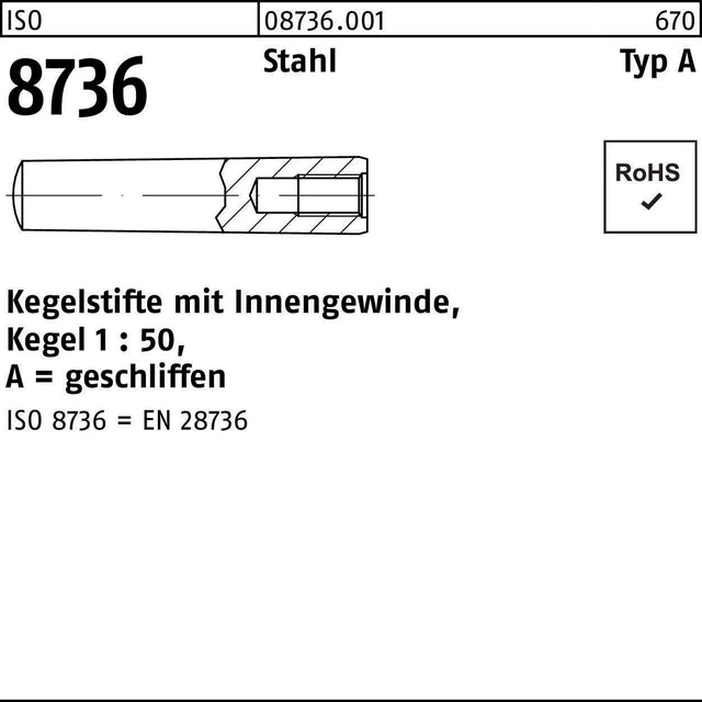 F. REYHER Kegelstifte ISO 8736 mit Innengewinde A 6x16 mm Stahl Kegel 1:50