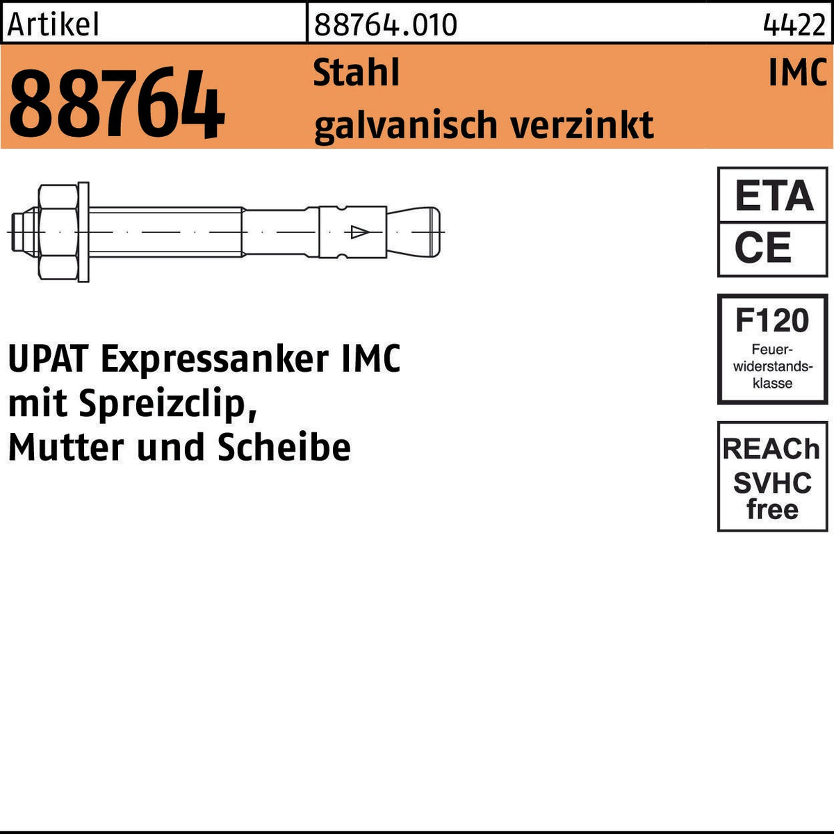 UPAT Expressanker R 88764 IMC M10 x 71 mm Stahl galvanisch verzinkt