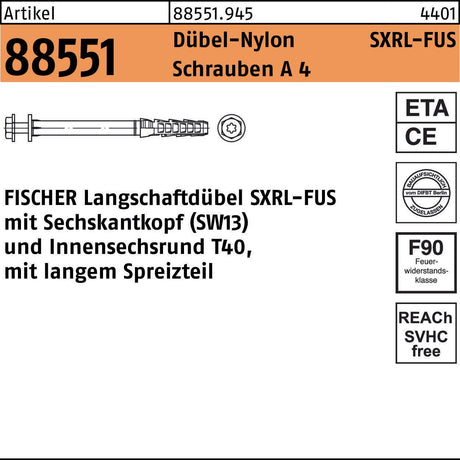 FISCHER Langschaftdübel SXRL-FUS 10x80 mit Sechskantkopf und Innensechsrund
