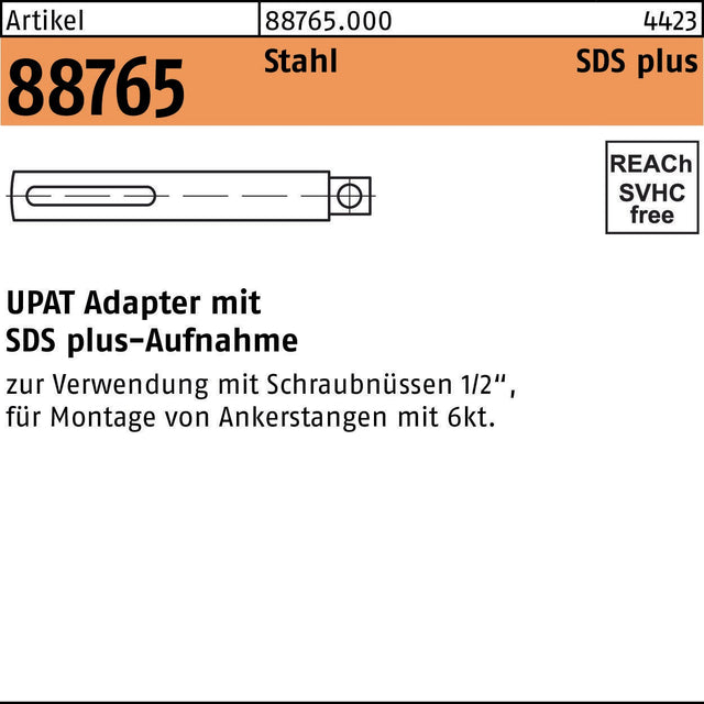 UPAT Adapter R 88765 SDS-PLUS auf 1/2" Vierkant aus Stahl für Bohrhämmer