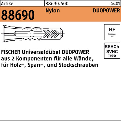 FISCHER DUOPOWER Dübel 5x25 mm Nylon – 100 Stück Universaldübel für alle Wände
