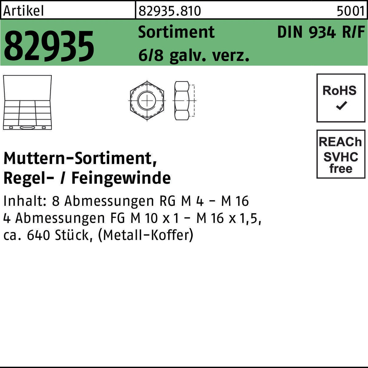 F. REYHER Muttern-Sortiment DIN 934 640-teilig galvanisch verzinkt Regel- und Feingewinde