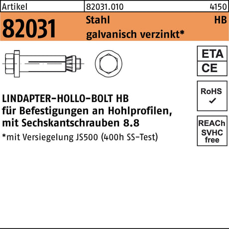 LINDAPTER Hohlraumdübel R 82031 HB 08-1 mit Sechskantschraube 8.8, galvanisch verzinkt
