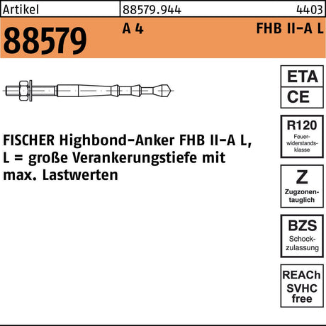 FISCHER Highbond-Anker FHB II-A L M20x210/50 A4 – 4 Stück