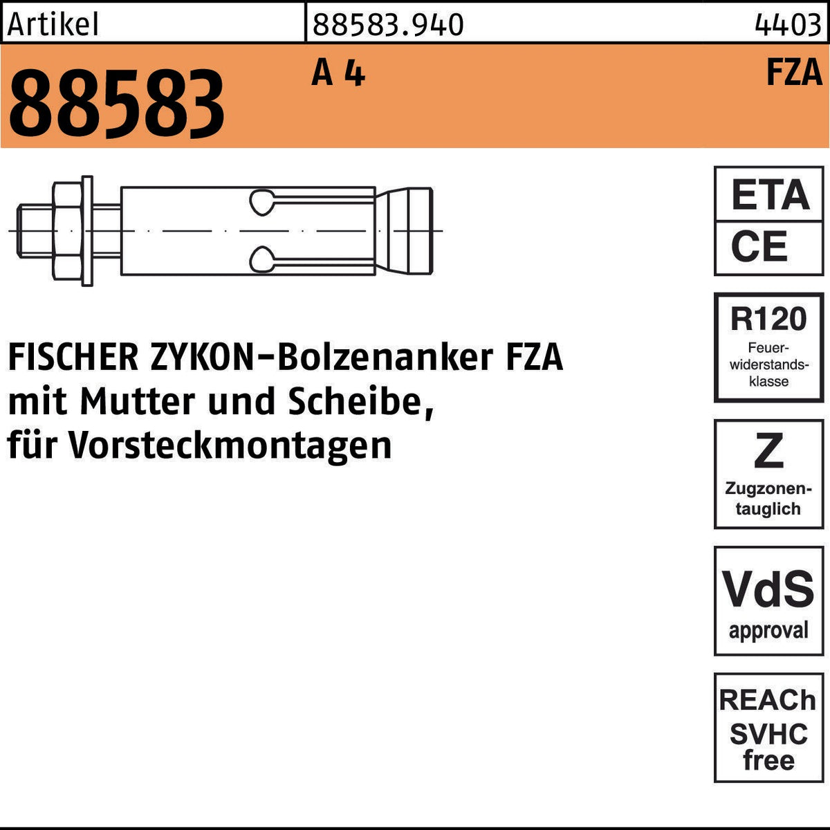 FISCHER ZYKON Bolzenanker FZA 18x80 M12/25 A4 – 10 Stück Schwerlastanker