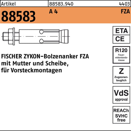 FISCHER ZYKON Bolzenanker FZA 18x80 M12/25 A4 – 10 Stück Schwerlastanker