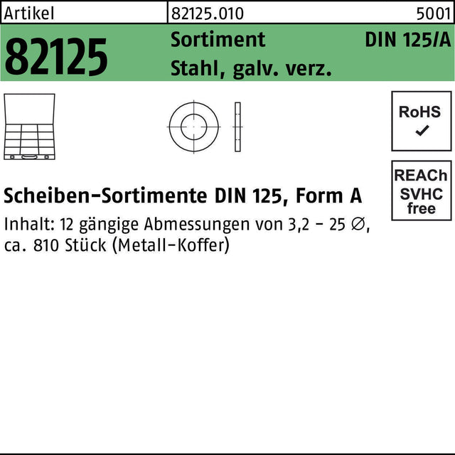 F. REYHER Scheibensortiment DIN 125, 810-teilig, Stahl galvanisch verzinkt