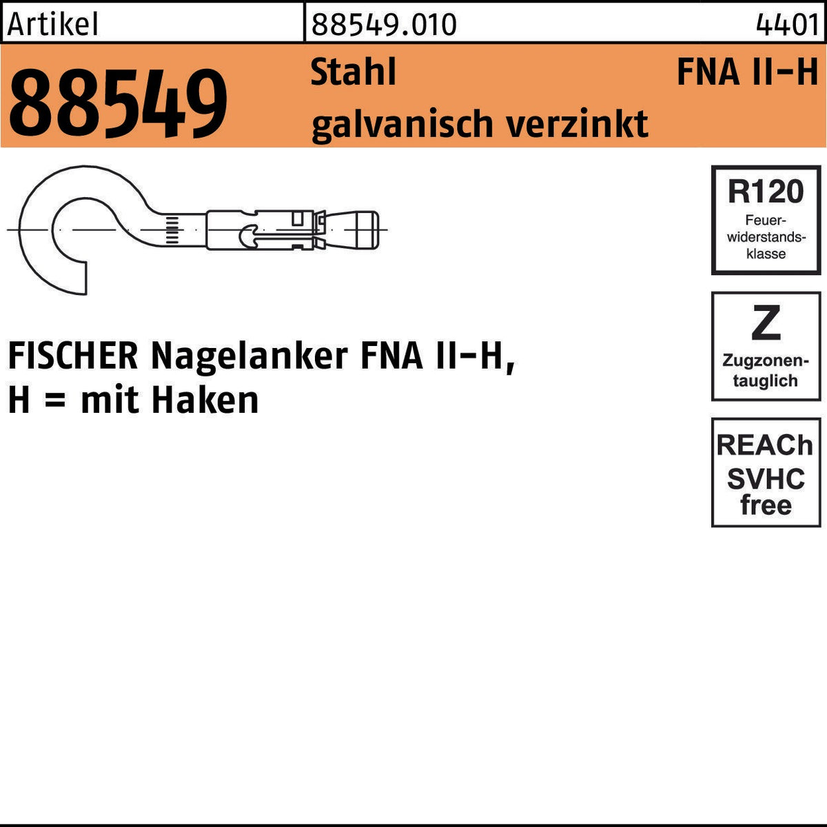FISCHER Nagelanker FNA II 6x25 H mit Haken, Stahl galvanisch verzinkt