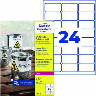 AVERY ZWECKFORM Folienetiketten L4773-20, 63,5 x 33,9 mm, 480 Etiketten, wetterfest, reißfest, für Laserdrucker