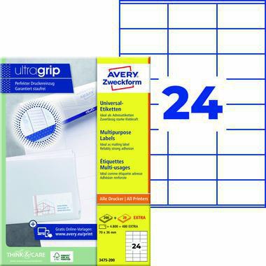 AVERY ZWECKFORM Universaletikett ultragrip 70 x 36 mm weiß 5.280 Stück – präziser Druckereinzug