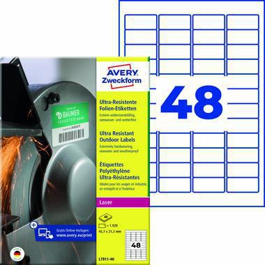 Avery Zweckform Folienetiketten L7911-40 45,7x21,2 mm weiß 1.920 Stück – ultra-resistent, wasserfest, UV-beständig