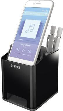 LEITZ Stifteköcher Duo Colour 53630095 Sound – Schwarz/Grau, 4 Fächer, Soundverstärkung
