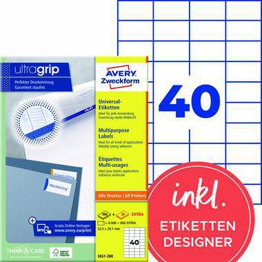 Avery Zweckform Universaletikett 3651-200 ultragrip 52,5 x 29,7 mm weiß 8.800 Stück