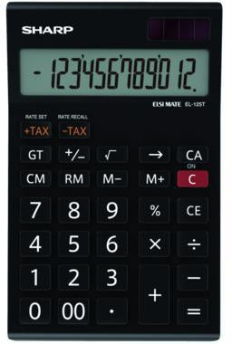SHARP Tischrechner EL-125TWH schwarz – 12-stelliges LCD-Display, Solar- und Batteriebetrieb