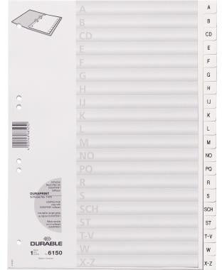 DURABLE Ordnerregister 615002 DIN A4 A-Z mit geprägten Taben, weiß, 20 Registerblätter