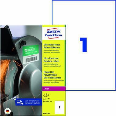 Avery Zweckform Folienetiketten L7917-40, 210x297 mm, weiß, 40 Etiketten, wetterfest, reißfest, für Laserdrucker