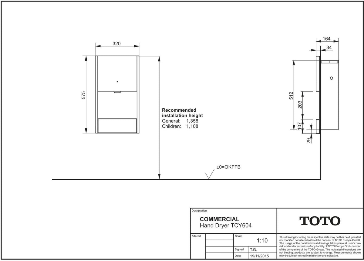 TOTO Public Elektro-Händetrockner silber Unterputz – 300 x 186 x 575 mm, berührungsfrei, 56 dB