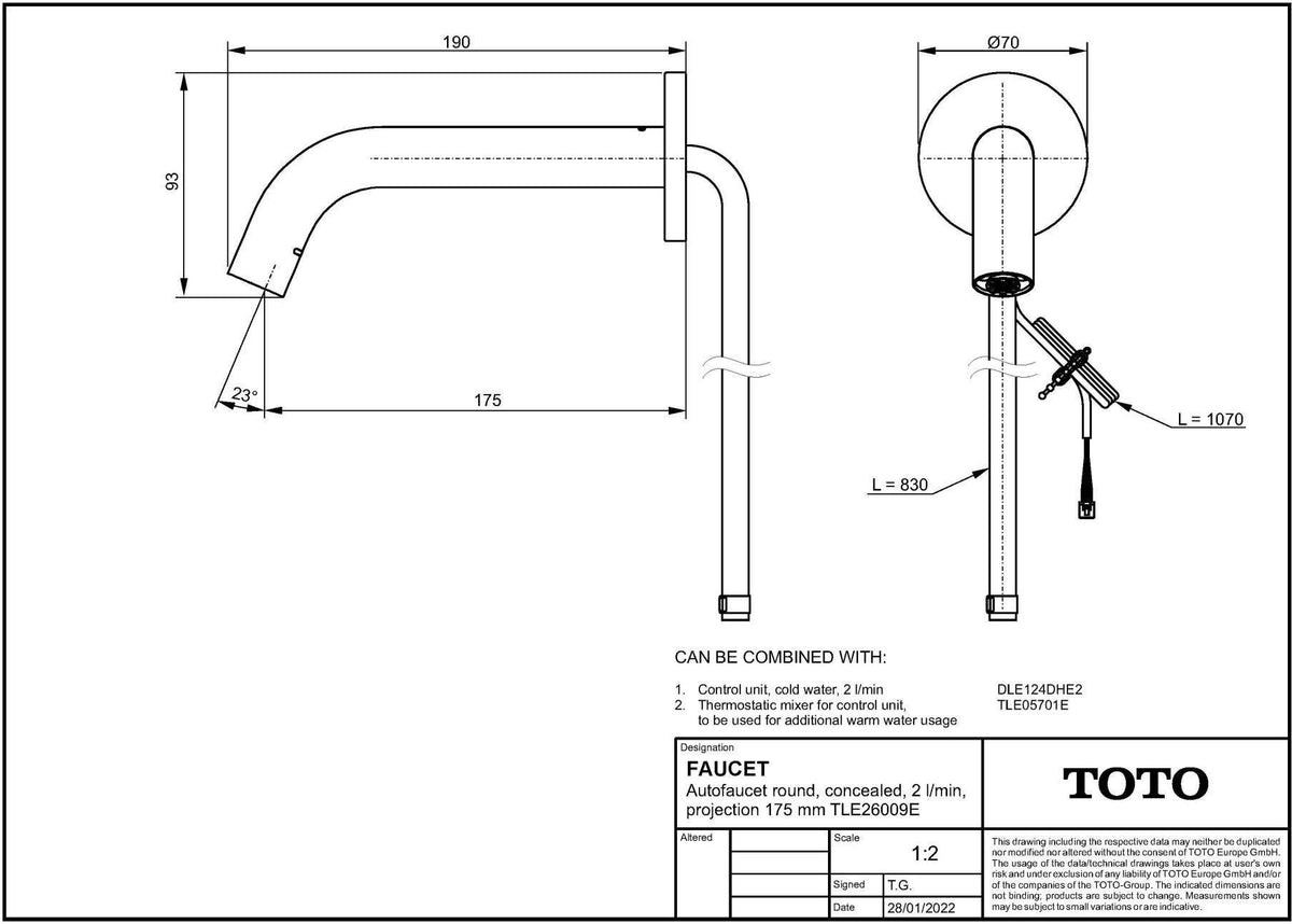 TOTO Automatikarmaturenauslauf rund 2 l/min, Ausladung 175 mm – Sensorarmatur mit Selfpower-Technologie