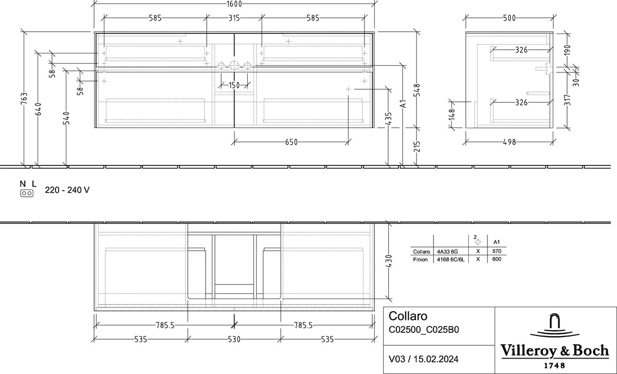 Villeroy & Boch Waschtischunterschrank Collaro C025 B0 1600 mm White Oak mit Beleuchtung