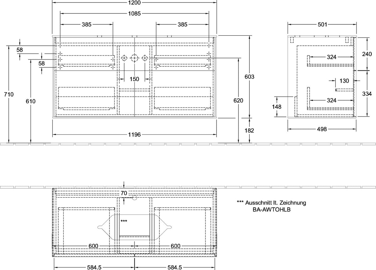 Villeroy & Boch Finion Waschtischunterschrank 1200 mm Anthracite Matt mit Glasabtrennungen und Push-to-open