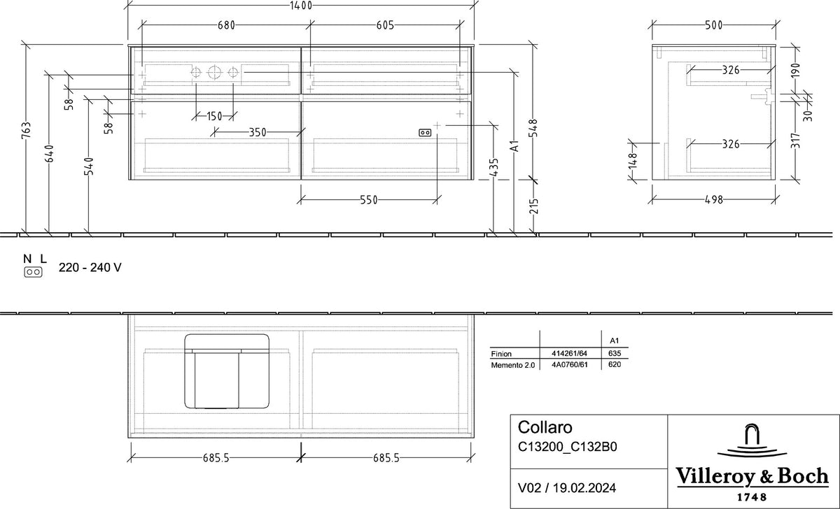Villeroy & Boch Waschtischunterschrank Collaro C132 B0 1400 mm Kansas Oak mit Beleuchtung und SoftClosing