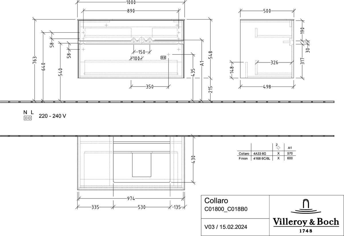 Villeroy & Boch Waschtischunterschrank Collaro C018 B0 1000 mm Eiche mit Beleuchtung