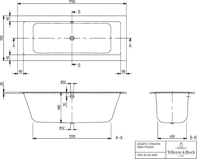 Villeroy & Boch LEGATO Whirlpoolsystem Combipool Comfort – 1700 x 700 mm, stone white