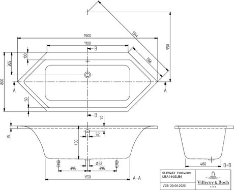 Villeroy & Boch SUBWAY HydroPool Comfort Whirlpoolsystem mit Multiplex Trio, weiß, 1900 mm