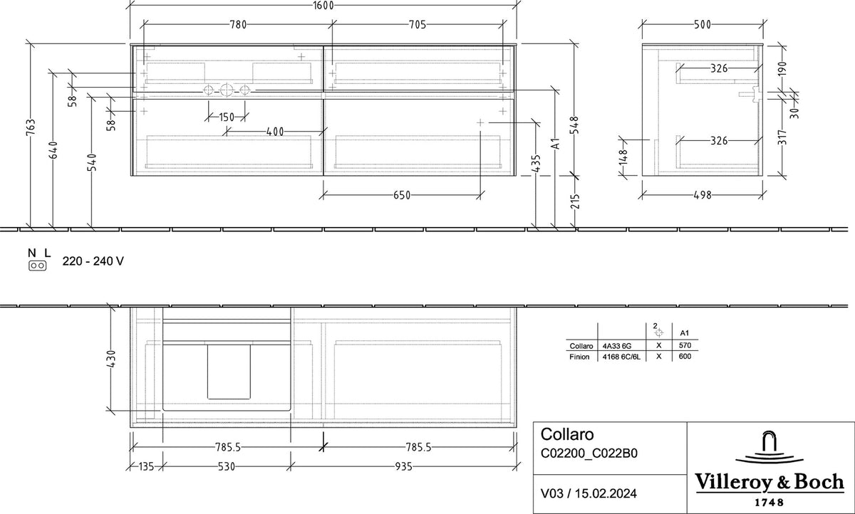 Villeroy & Boch Waschtischunterschrank Collaro C022 B0 1600 mm White Oak mit LED-Beleuchtung