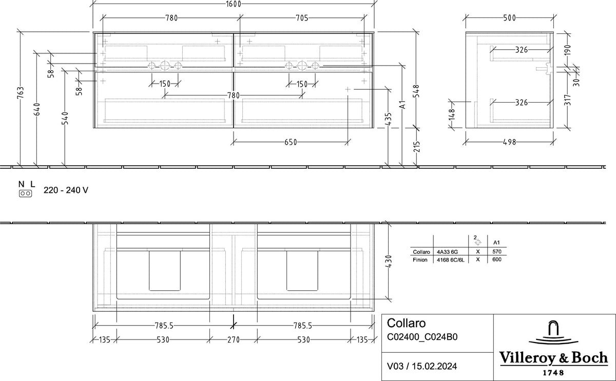 Villeroy & Boch Waschtischunterschrank Collaro C024 1600 mm Stone Oak mit 4 Auszügen und SoftClosing