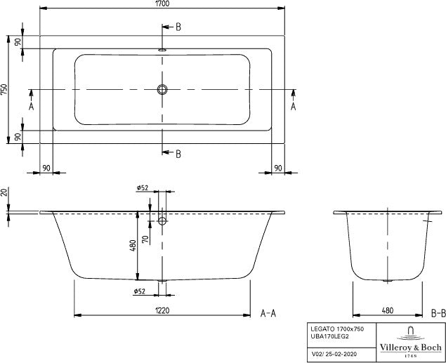 Villeroy & Boch Whirlpool Legato 1700x750mm Combipool Entry mit Unterwasserbeleuchtung