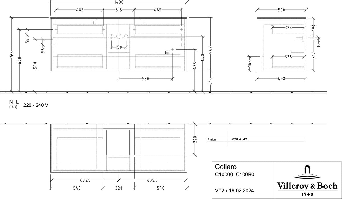 Villeroy & Boch Waschbeckenunterschrank Collaro C100B0 1400 mm White Oak mit Beleuchtung und SoftClosing