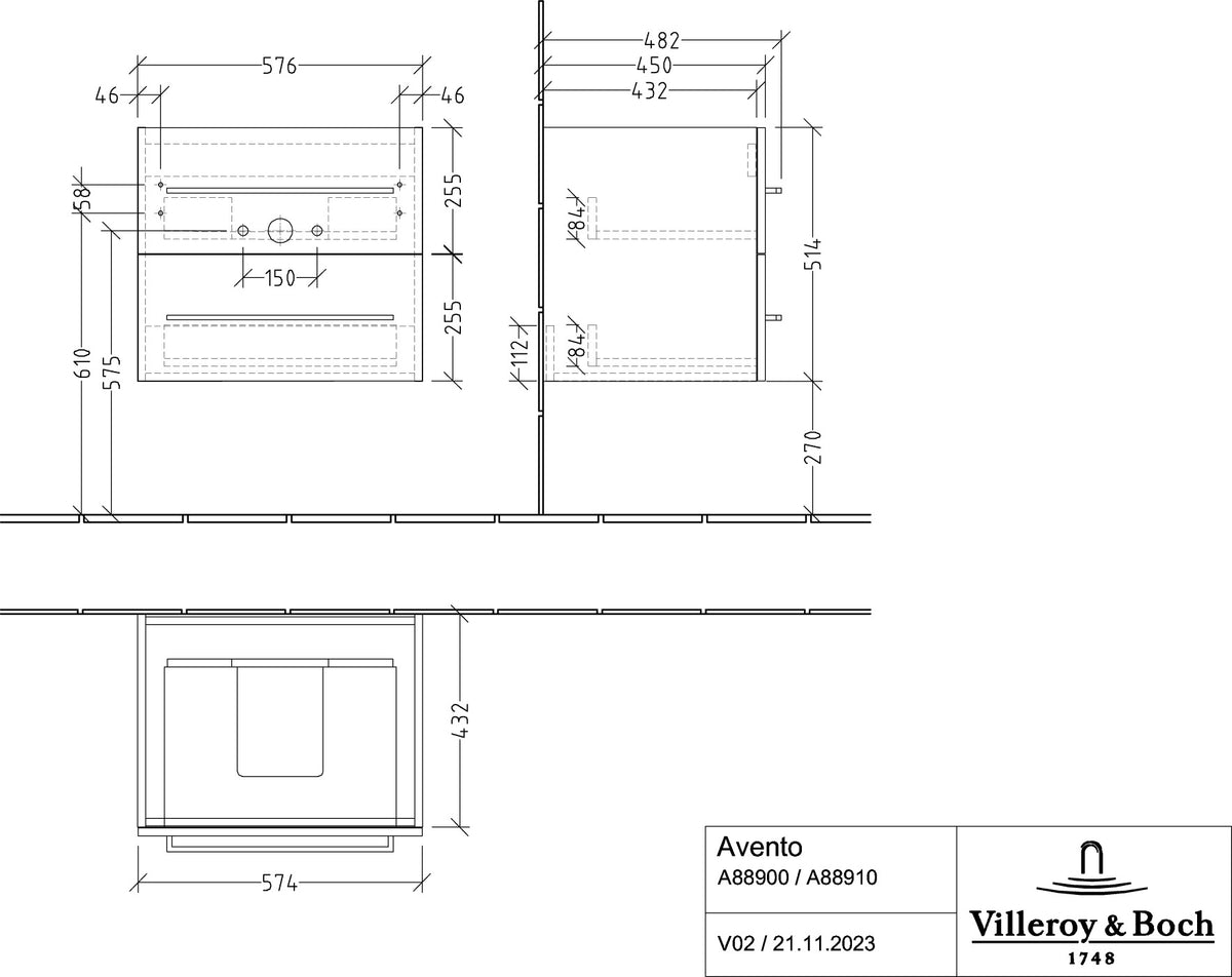 Villeroy & Boch Avento Waschtischunterschrank 580 mm Crystal Grey mit 2 Auszügen