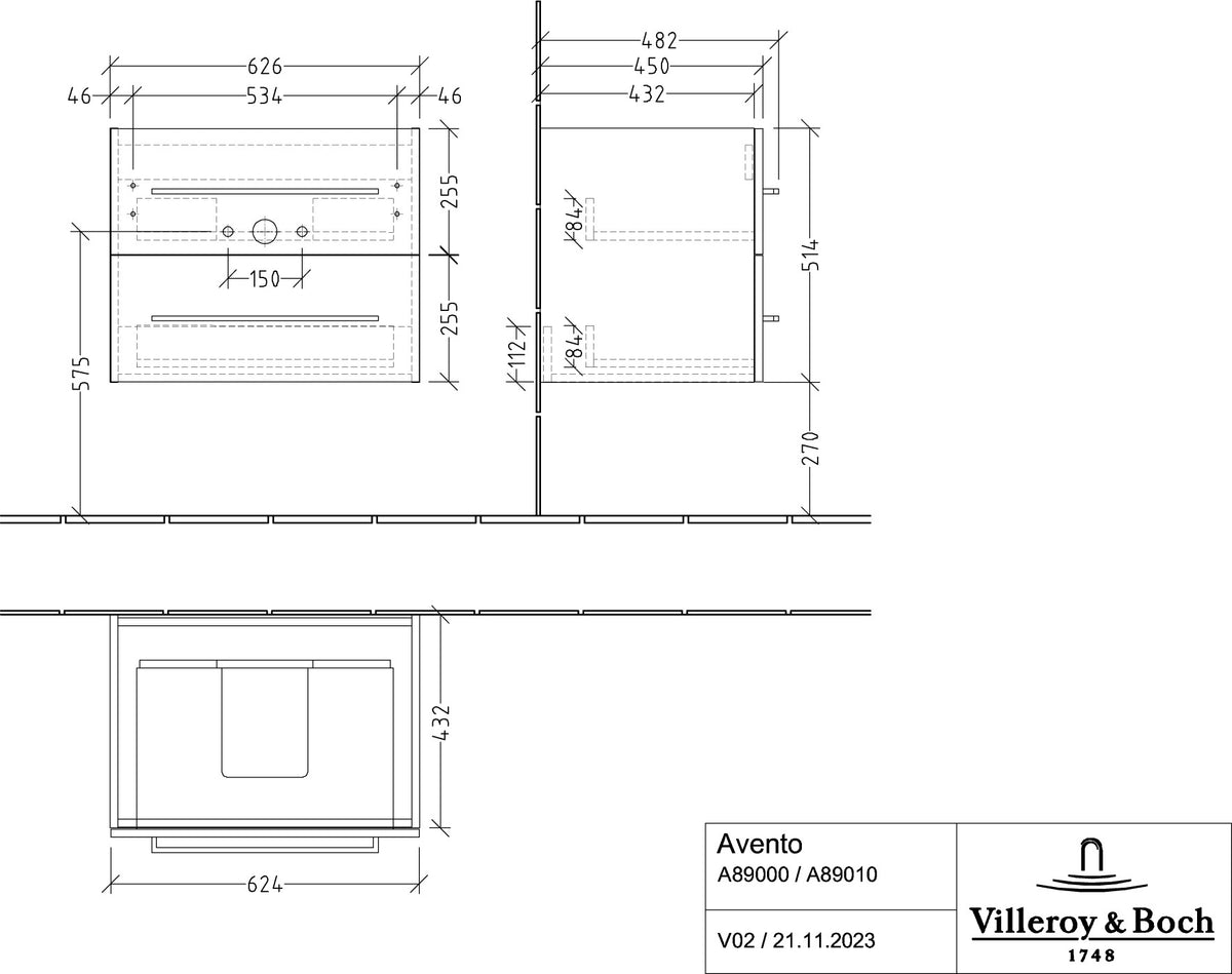 Villeroy & Boch Avento Waschtischunterschrank 630 mm Crystal Grey mit 2 Auszügen